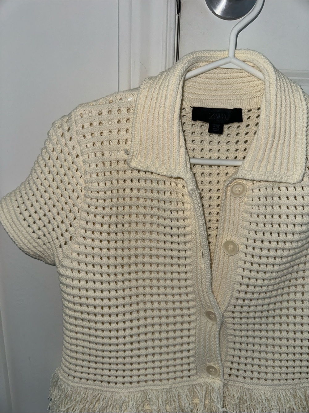 Like new Cream Crochet Fringe Short-Sleeve Sweater Cardigan - Picture 4 of 8